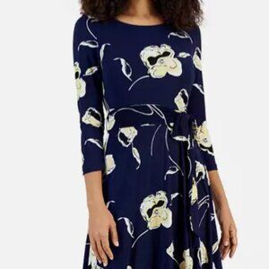 KASPAR Women's Navy Floral Fit & Flare Dress – Size MEDIUM